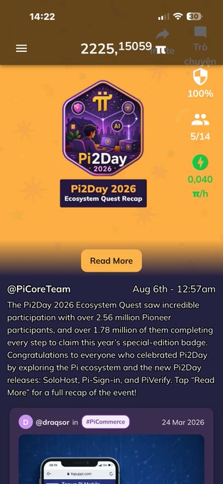 A mobile app screenshot showing a Pi cryptocurrency wallet balance of 2225.1509 π, alongside a Pi2Day 2026 Ecosystem Quest Recap announcement by @PiCoreTeam.