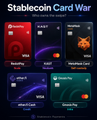 A graphic titled 'Stablecoin Card War' displays four competing cards: RedotPay (red), a NAMANA Card (dark), a virtual card (purple), and a Swapsy Pay (teal), posing the question 'Who owns the card?'.