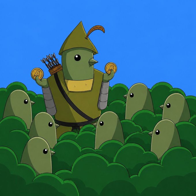 A cartoon illustration of a green bird-like knight wearing a helmet and holding two gold coins, surrounded by a forest of small round green bird heads against a blue sky.