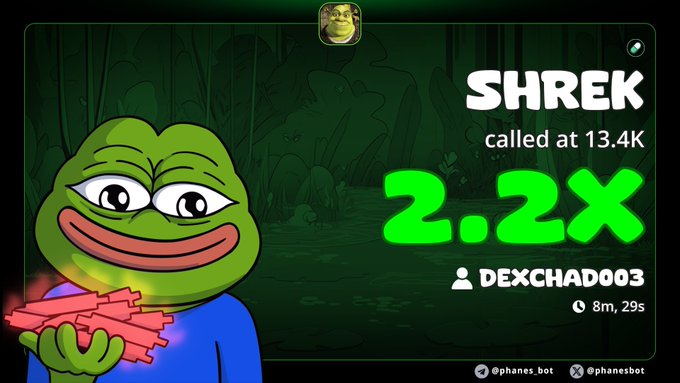 The image features a cartoon frog, or character, sitting in front of a computer screen displaying the text "SHREK called at 13.4k". Additionally, there are numbers such as 2x and 2.2x that are likely related to some kind of scoring system for the game they are playing.