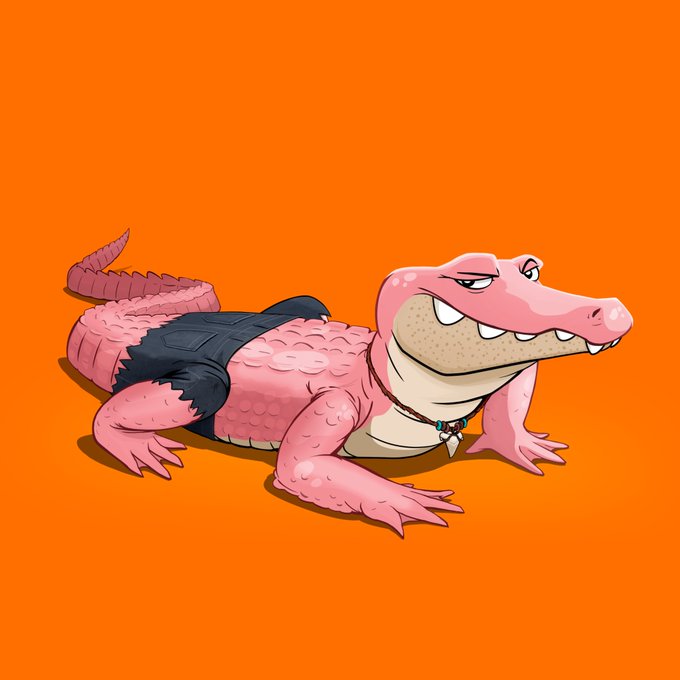 A cartoon illustration of a pink crocodile wearing black shorts and a small necklace, lying down against an orange background.