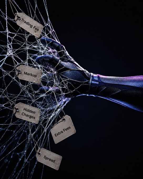 A conceptual image shows a gloved hand caught in a web with tags labeled 'Trading Fee', 'Markup', 'Hidden Charges', 'Extra Fees', and 'Spread'.