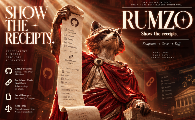 A promotional poster for "RUMZO" featuring a fox character in a red cape holding a long receipt, with the tagline "SHOW THE RECEIPTS" and "OPEN SOURCE EVIDENCE FOR A MORE TRANSPARENT TOMORROW," listing features like GitHub Evidence, Published Chain Snapshots, and Read-only access.