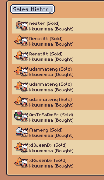 A 'Sales History' interface showing multiple Pokemon transactions, with kkuummaa as the buyer of various Pokemon from different sellers.