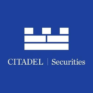 The image displays the white Citadel Securities logo—a stylized castle/fortress emblem above the text "CITADEL | Securities"—set against a solid blue background. The logo relates to the news of Citadel Securities making a $400 million strategic investment in Crypto.com, with $CRO surging over 18% on the announcement.
