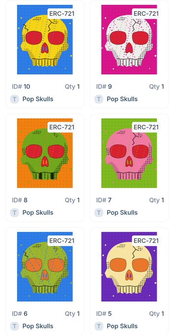 Gallery view of six 'Pop Skulls' ERC-721 NFTs (IDs #5-10), each featuring a colorful pop-art skull design in different color combinations including yellow, pink, green, and purple.