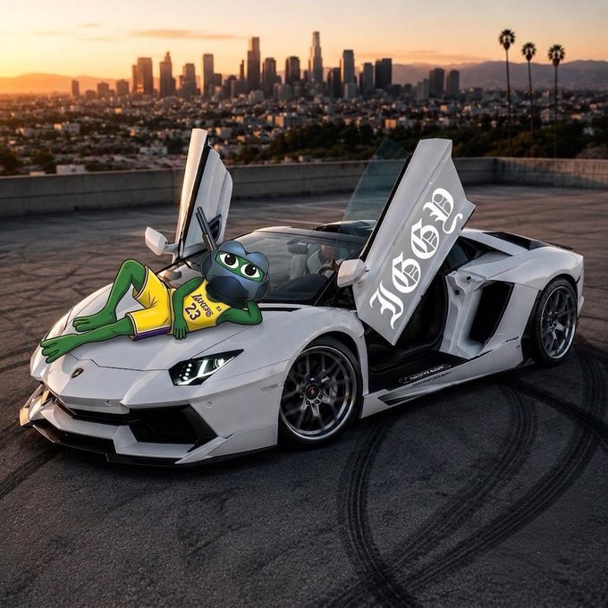 Digital illustration of a green cartoon character wearing sunglasses and a Lakers jersey lounging on the hood of a white Lamborghini with scissor doors open, set against the Los Angeles skyline at sunset.