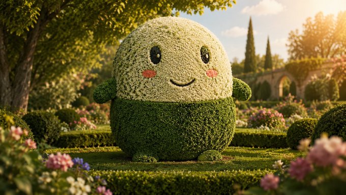 The image features a large, green and white ball-like structure made of flowers that appears to be a garden decoration or sculpture. The scene takes place outdoors with trees and bushes surrounding the flowery ball. In the background, there are two buildings visible, one on each side of the frame. The post includes text that reads "everyone wants a hedge against uncertainty. I'm doing my best." This message seems to be related to the garden decoration or sculpture in some way, possibly emphasizing the importance of creating beauty and order amidst life's uncertainties.