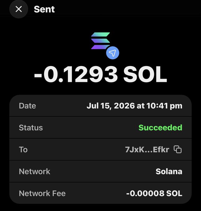 A screenshot of a completed Solana transaction shows -0.1293 SOL sent to address 7JxK...Efkr on the Solana network on July 15, 2026, with a network fee of -0.00008 SOL. This serves as proof of the "SOL sent" mentioned in the accompanying post, likely part of a giveaway or airdrop promotion.