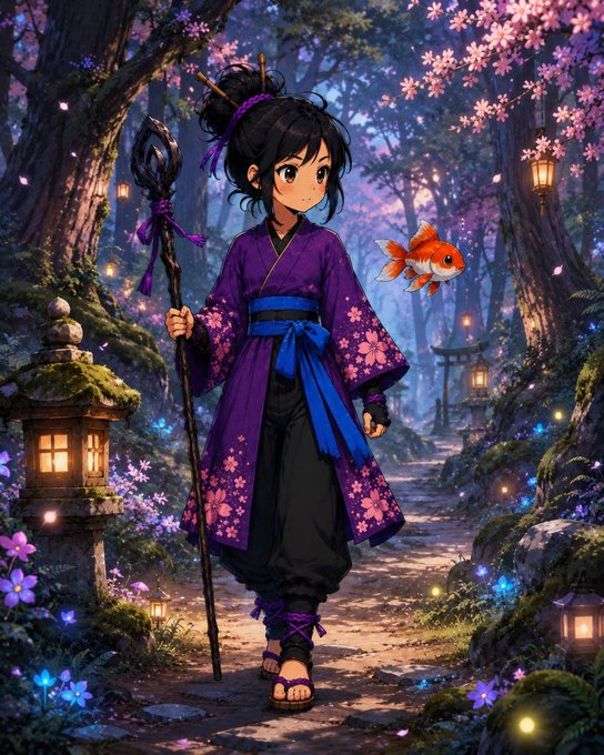 An anime-style illustration of a young sorceress with black hair wearing a purple floral kimono, holding a staff, accompanied by a goldfish, in a magical forest setting.