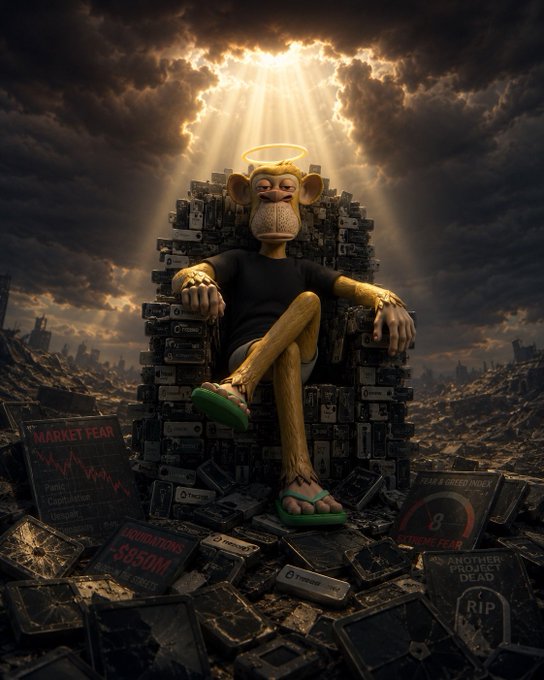 A dark, dramatic digital artwork showing a Bored Ape-style character with a halo sitting on a throne of stacked hard drives amid a ruined landscape, with signs reading "MARKET FEAR," "LIQUIDATIONS $650M," and "ANOTHER PROJECT DEAD."