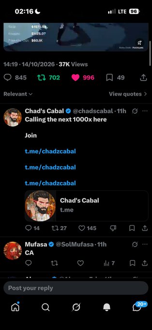 A mobile screenshot of a social media post showing 37K views, with replies including 'Chad's Cabal' (@chadzcabal) advertising t.me links and 'Mufasa' (@SolMufasa) commenting 'CA'.