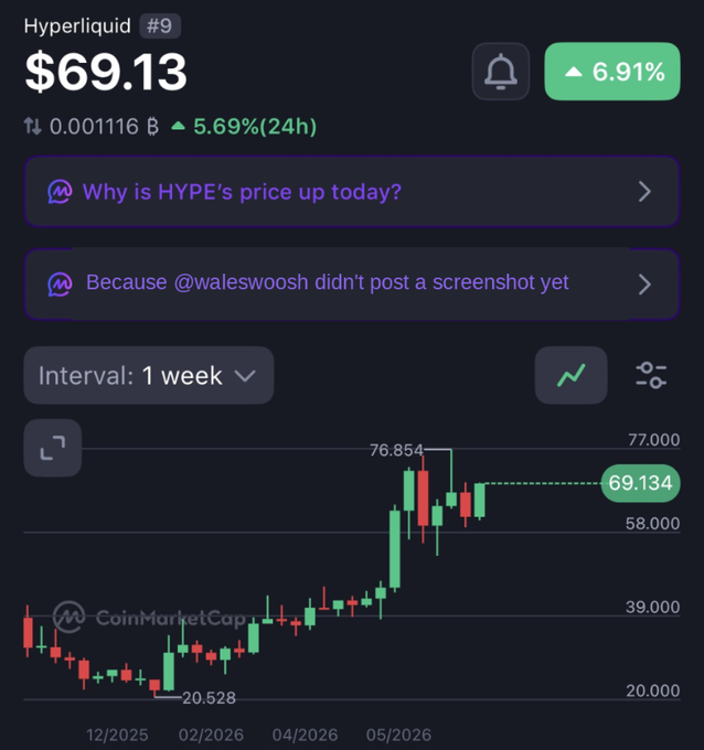 A CoinMarketCap chart for Hyperliquid (HYPE) at $69.13, showing a 6.91% increase, with humorous AI-generated commentary suggesting the price rose because @waleswoosh hadn't posted a screenshot yet.