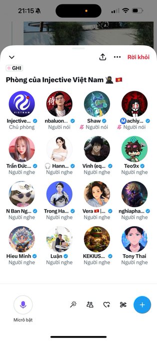 Screenshot of a Vietnamese Discord/chat app showing the 'Phòng của Injective Việt Nam' (Injective Vietnam Room) with multiple user avatars and a 'Rời khỏi' (Leave) option.