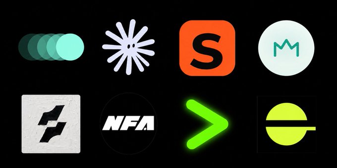 A collection of 8 cryptocurrency/blockchain brand logos arranged in two rows on a black background, including what appears to be LayerZero, an asterisk-like logo, Story, Moonbeam, an "L" logo, NFA, and a "greater than" symbol.