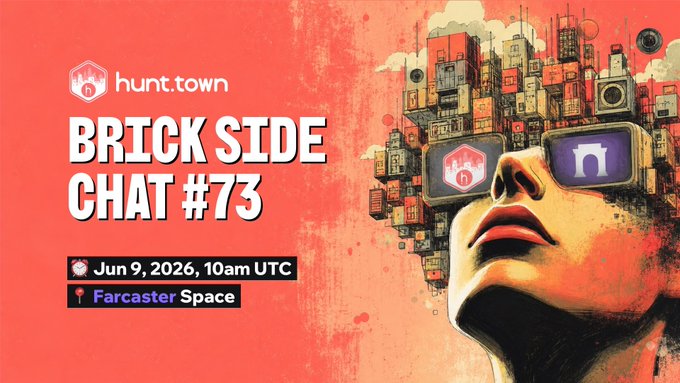 The image features an advertisement for a chat room called "Brick Side Chat 73" that was hosted by Farcaster Space. The poster includes a drawing of a person's face with glasses, surrounded by buildings or cityscapes, which is part of the branding theme for the event. The text on the poster reads: "BRICK SIDE CHAT 73", and it also mentions that this chat room discussion was held at 7am-10am UTC (Ultimate Time Clock) on June 9th.