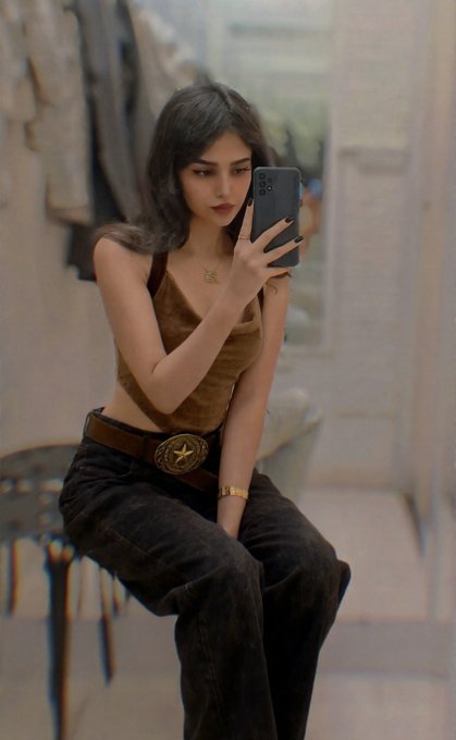 A young woman takes a mirror selfie wearing a brown corset top, dark jeans with a star-buckled belt, and gold jewelry, embodying an artistic self-portrait that complements the post's caption promoting her NFT art piece "The Last Wish" on the Tezos (XTZ) blockchain marketplace.