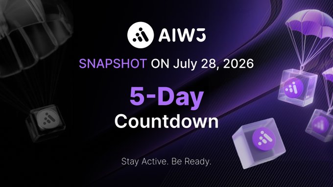 A promotional countdown graphic for AIW3 featuring 3D purple cubes with parachutes descending against a dark background, displaying "AIWS SNAPSHOT ON July 28, 2026," "5-Day Countdown," and the tagline "Stay Active. Be Ready." The image visually reinforces the post's message by illustrating the 5-day countdown to the Genesis Airdrop Snapshot date.