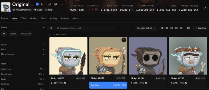 The image shows a Blur marketplace listing for the "Original Blokyz" NFT collection, displaying four cartoonish skull-masked character items (Blokyz #587, #240, #241, and #239) each listed at 0.0771 ETH, with a floor price down 16.3%—reflecting the poster's lament about overpaying ~800 for two of these NFTs that have since crashed in value.