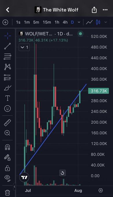 A TradingView screenshot showing a 1-day candlestick chart for "WOLF/WET" (The White Wolf), displaying a significant upward trend with a current price of 316.73K, representing a +17.13% gain.