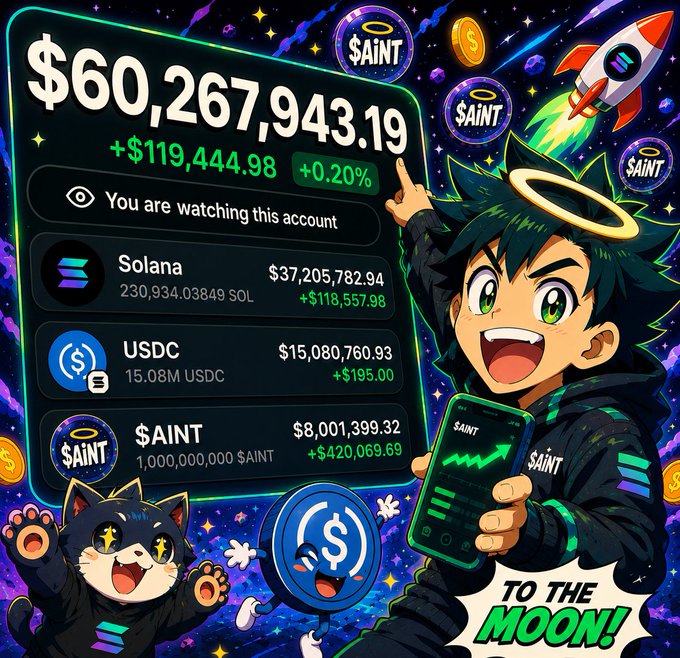 The image is a vibrant, anime-style promotional graphic showing a balance of $60,267,943.19, with holdings in Solana ($37,205,782.94), USDC ($15,080,760.93), and $AINT ($8,001,399.32), accompanied by a "TO THE MOON!" banner and cartoon characters. It relates to the post by hyping a $SOL airdrop, using the massive displayed balance as social proof to entice users to RT, like, and share their wallet addresses for a potential reward.