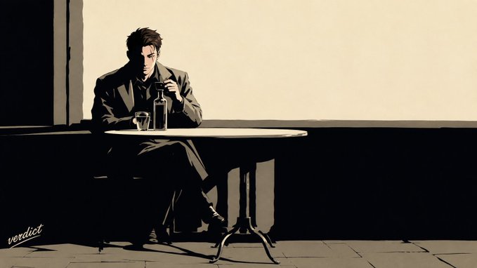 An anime-style illustration of a man in a suit sitting at a round table with a bottle and glass, set against a minimalist background with a watermark reading 'verdict'.
