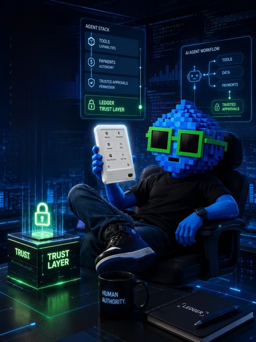 A pixel-art character with green sunglasses holds a phone alongside diagrams labeled 'AGENT STACK', 'AI AGENT WORKFLOW', and 'TRUST LAYER', with a mug reading 'HUMAN AUTHORITY.'