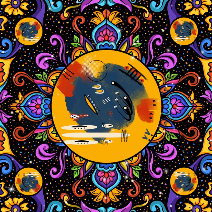A vibrant, symmetrical abstract design titled "Abstract Blossom" (16/20 editions) features a central orange circular medallion with abstract blue and white markings, framed by intricate colorful floral and paisley patterns on a starry black background, with smaller circular motifs in each corner—matching the NFT artwork sold for 10 tezos.