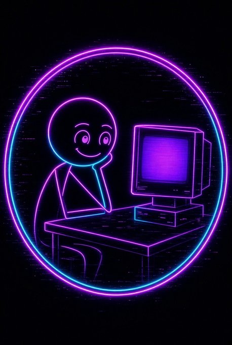 A neon-style digital illustration of a smiling figure in purple and blue glowing lines sitting at a desk with an old-fashioned computer monitor.