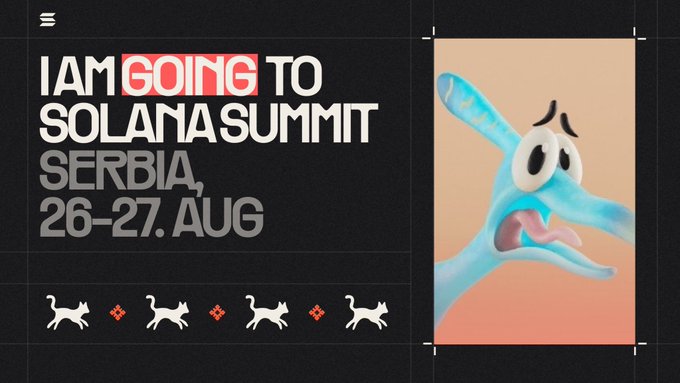 A promotional graphic announcing attendance at Solana Summit Serbia on 26-27 August, featuring a worried blue cartoon creature and white cat icons.