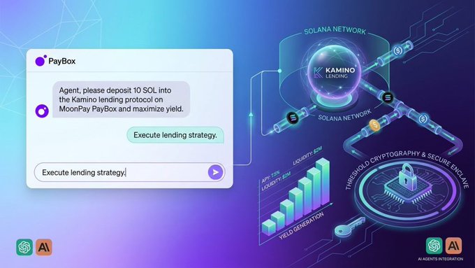 A promotional graphic for an AI Agent integration showing a chat interface labeled "PayBox" instructing to deposit 10 SOL into the Kamino lending protocol on MoonPay PayBox, connected to a futuristic visualization of the Solana Network with yield generation and cryptography elements.