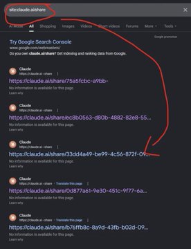 A screenshot of Google's search results for the query "site:claude.ai/share" reveals numerous Claude chat share URLs appearing in the search index, directly illustrating the privacy concern that thousands of Anthropic Claude AI conversations have been inadvertently exposed and indexed by Google. The visible URLs (such as 75a5f1cb-e9bb..., 860563-d800-4882-82e8-55..., 33d34a49-be99-4c56-8731-0y..., 7d51b1a19-7e30-451c-9f77-6a..., and 67df8bc-69yd-43fb-b02d-09...) each showing "Learn why" snippets confirm that sensitive shared Claude conversations—including crypto wallet keys, legal discussions, and personal data—were publicly accessible via search engines.