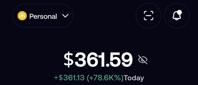 A dark-themed financial app interface showing a personal account balance of $361.59, with a positive change of +$361.13 (+78.6K%) for the day, alongside a hidden/eye-off icon.