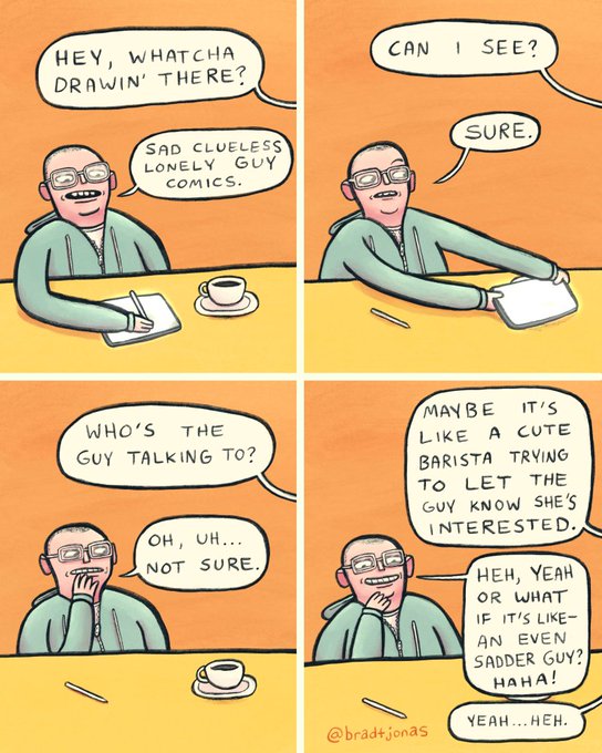 A four-panel comic by @bradjonas showing a man at a café drawing in his notebook, with dialogue where someone asks what he's drawing and he awkwardly responds 'Sad clueless lonely guy comics'.