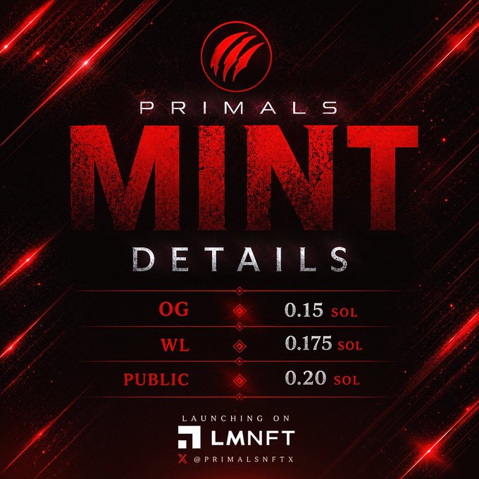 This image details the minting prices for "PRIMALS," with OG at 0.15 SOL, WL at 0.175 SOL, and PUBLIC at 0.20 SOL, launching on LMNFT. The accompanying text emphasizes "The Awakening is here."