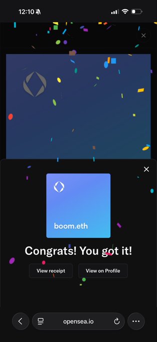 OpenSea confirmation screen showing the successful purchase of a 'boom.eth' NFT with a congratulatory message and options to view receipt or profile.