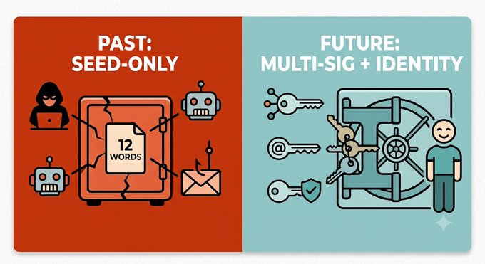 An infographic comparing 'PAST: SEED-ONLY' (showing a hacker and 12 words on a cracked safe) to 'FUTURE: MULTI-SIG + IDENTITY' (showing keys, vault, and a user).