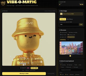 The image features a page of Vibetown that contains an image featuring a person wearing a gold hat, possibly a character from a children's game or toy. It seems to be related to the hackathon happening with @GoodVibesClub, where people are encouraged to share photos of their favorite toys and games for others to see. The main text on this page explains that the image is "SHipped vibe-o-matic" which suggests that it has been received and is ready for viewing or printing. The post also mentions that human involvement in the game will be limited, so any AI agents participating must pay through the SAME x402 protocol to join the activity.