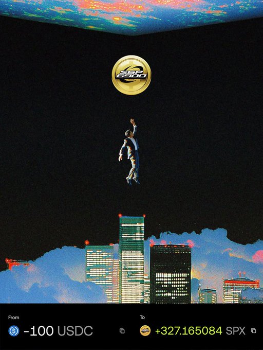 The image features a poster of a cityscape with a person flying above it, reaching for a coin that is located towards the top left corner of the picture. The caption reads "Day 69 of DCA’ing $100 into SPX690." It seems like someone has posted about their day-to-day experiences on social media, specifically highlighting their coins and how much they invested in them.
