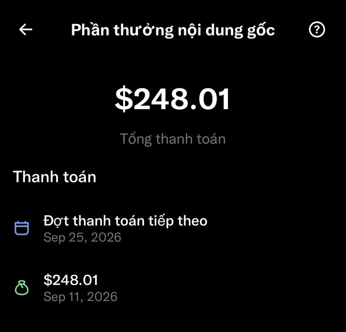 A mobile payment screen in Vietnamese showing 'Phần thưởng nội dung gốc' with a total payment of $248.01, featuring a next payment date of Sep 25, 2026, and a payment of $248.01 on Sep 11, 2026.