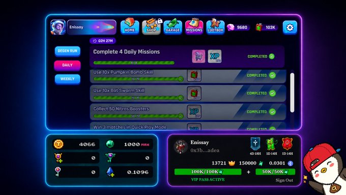 A mobile game interface screenshot displays a daily missions menu for a user named 'Enissay' with tasks completed, showing currencies of 9680 gems and 103K.