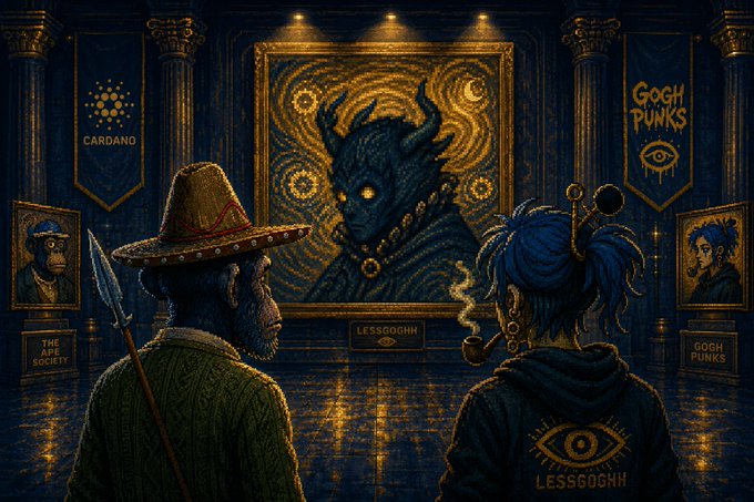 A dark, Van Gogh 'Starry Night'-styled NFT artwork titled 'LESSGOGHH' showing two figures (one in a sombrero holding a spear labeled 'CARDANO', another with blue hair in a 'GOGH PUNKS' jacket) viewing a horned demonic portrait in an art gallery.