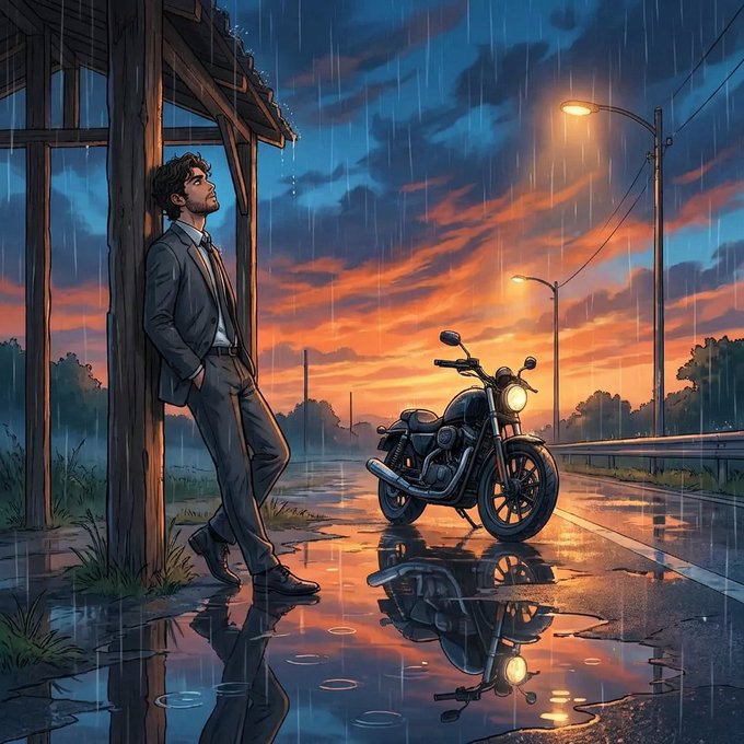 The image features a man standing next to his motorcycle parked at an outdoor stop with rain falling around him. The scene takes place during sunset, creating a serene atmosphere as the sky turns orange and red hues. The man appears to be waiting for someone or simply enjoying the view of the sunset while holding onto his motorcycle.