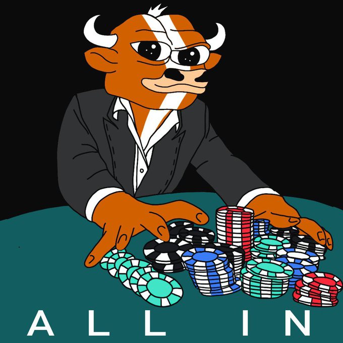 The image features a cartoon depiction of a man dressed as a bull, sitting at a table with stacks of poker chips surrounding him. The man appears to be playing cards or gambling, wearing a suit and tie. The text "Allin" is written in white letters above the man's head, indicating that he is participating in an activity related to the game "Allin."