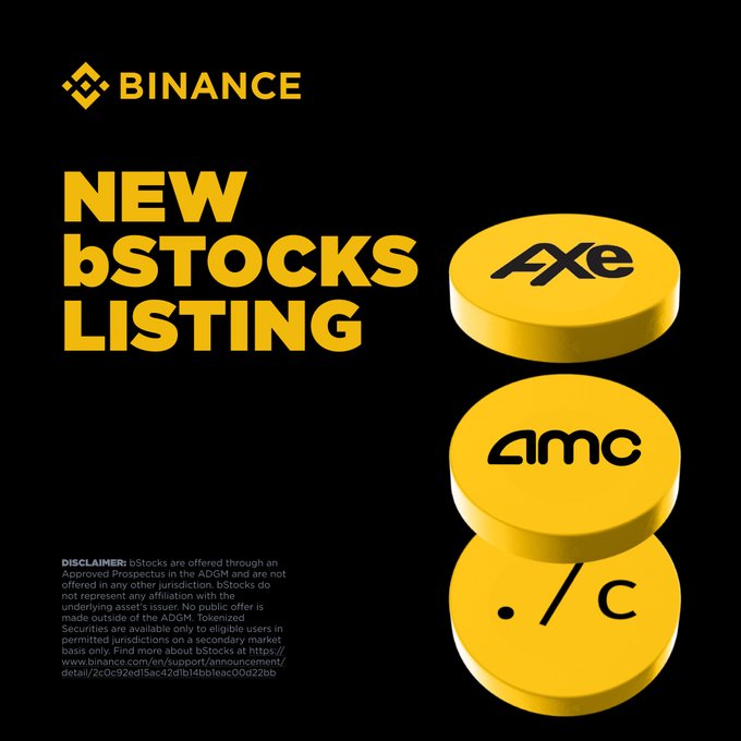 A Binance advertisement announcing new bStocks listings, featuring large yellow tokens branded with the AXE, AMC, and .c tickers alongside bold "NEW bSTOCKS LISTING" text on a black background, corresponding to the AGPUB/USDT, AMCB/USDT, and CYPHB/USDT trading pairs mentioned in the post for 1:1 tokenized stock exchange.