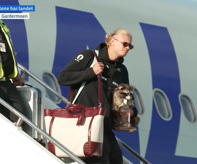 A person disembarking from an airplane in Gardermoen, carrying a handbag and a small dog in a travel carrier, with the luggage showing a "10" sticker. The image humorously captures the exhausted, frazzled look of someone who has just endured the grueling summer 2024 Solana memecoin cycle.