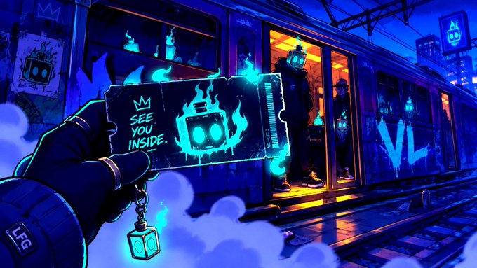 An animated scene shows a hand holding a glowing blue ticket with a flame-wrapped robot icon and the text 'SEE YOU INSIDE,' with a blue keychain reading 'LEG' dangling from it, while a train with robot passengers passes by in the background.