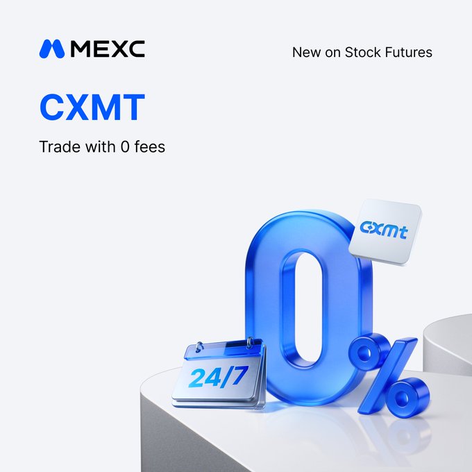 A promotional graphic from MEXC announcing the addition of CXMT (CXMT Inc., one of the year's largest IPOs) to its Stock Futures platform, highlighting the "Trade with 0 fees" offer alongside a "24/7" calendar and a large blue 3D "0%" symbol to emphasize the zero-fee trading promotion.