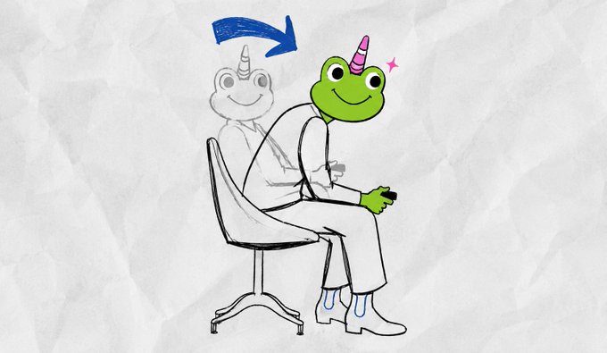 A minimalist sketch shows a seated figure whose face transforms from a human into a green frog-like creature with a unicorn horn, indicated by a blue arrow.