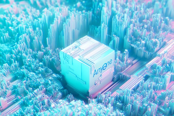 A 3D rendered digital artwork showing a white cube labeled 'Anyone' sitting on a stylized cyan and pink circuit board cityscape with miniature buildings.